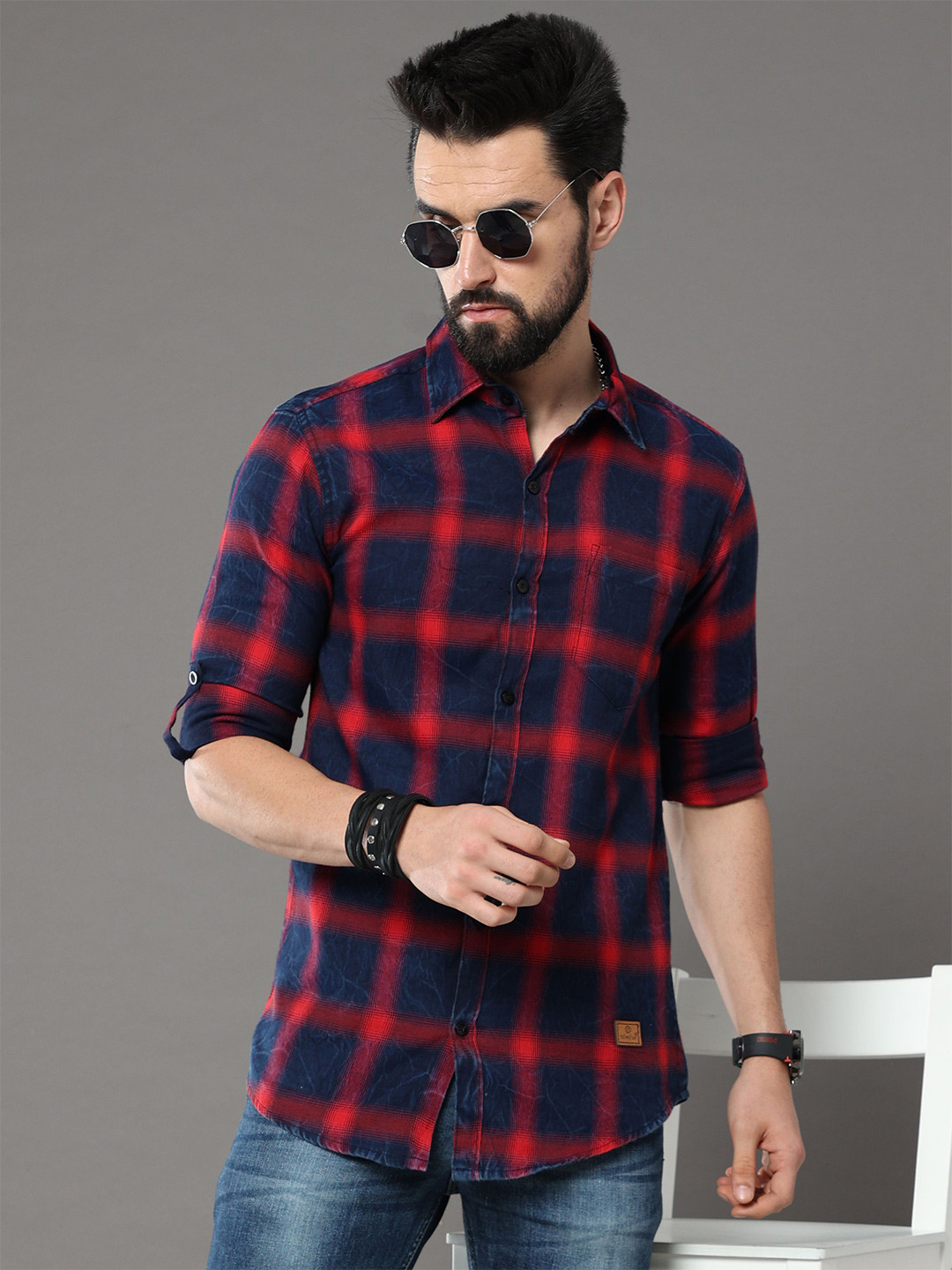 Tallwalker Men Straight Slim Fit Spread Collar Tartan Checked Cotton Casual Shirt