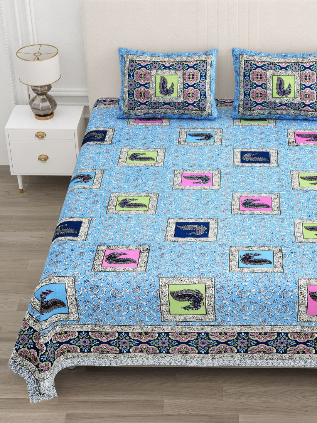 Qfab Khushi Peacock Blue Ethnic Motifs Cotton 250 TC King Bedsheet with 2 Pillow Covers-274 x 228 cm