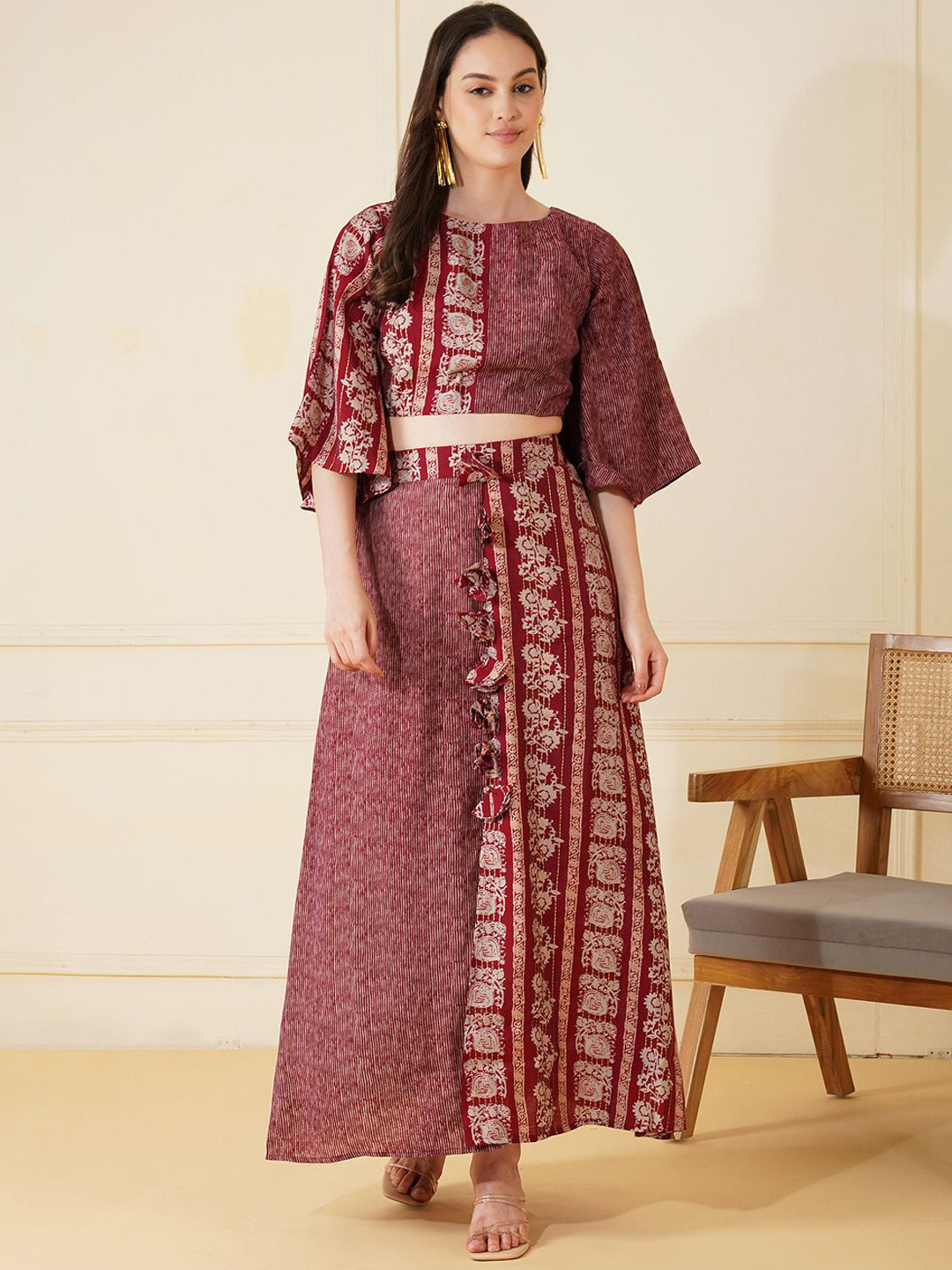 Stitchinc The Split Two Tone Floral Printed Top & Long Skirt