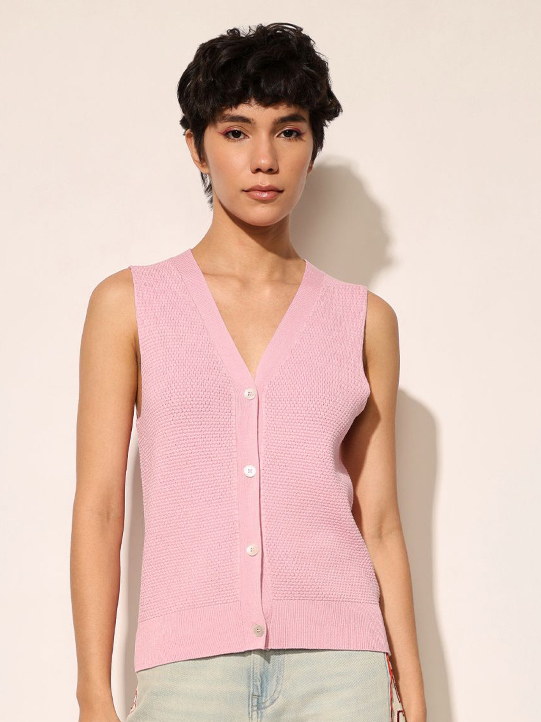 ONLY Pink Button Front Sweater Vest Tank Top