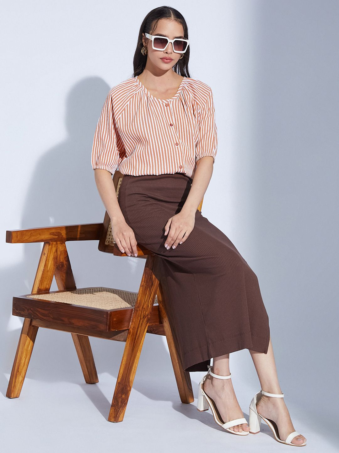 Selvia Women Collarless Vertical Striped Casual Shirt