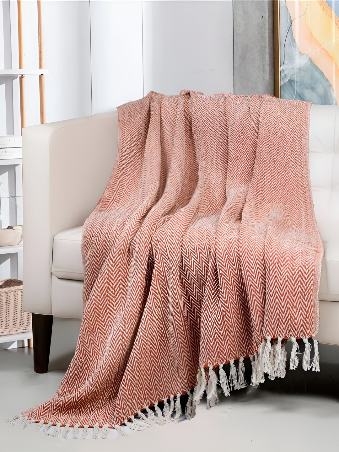 HOMADORN Orange & White Woven Designed Pure Cotton Throw