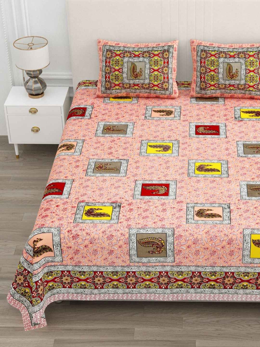 Qfab Pink Ethnic Motifs Cotton 250 TC King Bedsheet with 2 Pillow Covers-274 x 227 cm