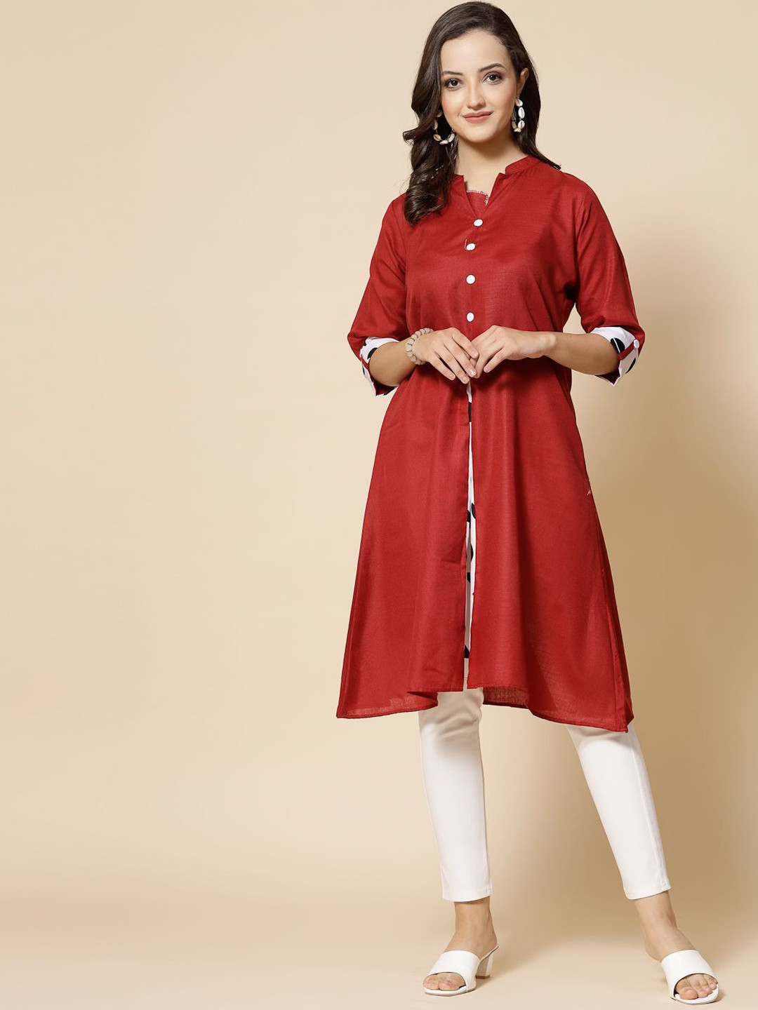 Moda Rapido Roll-Up Sleeves Mandarin Collar A-Line Kurta