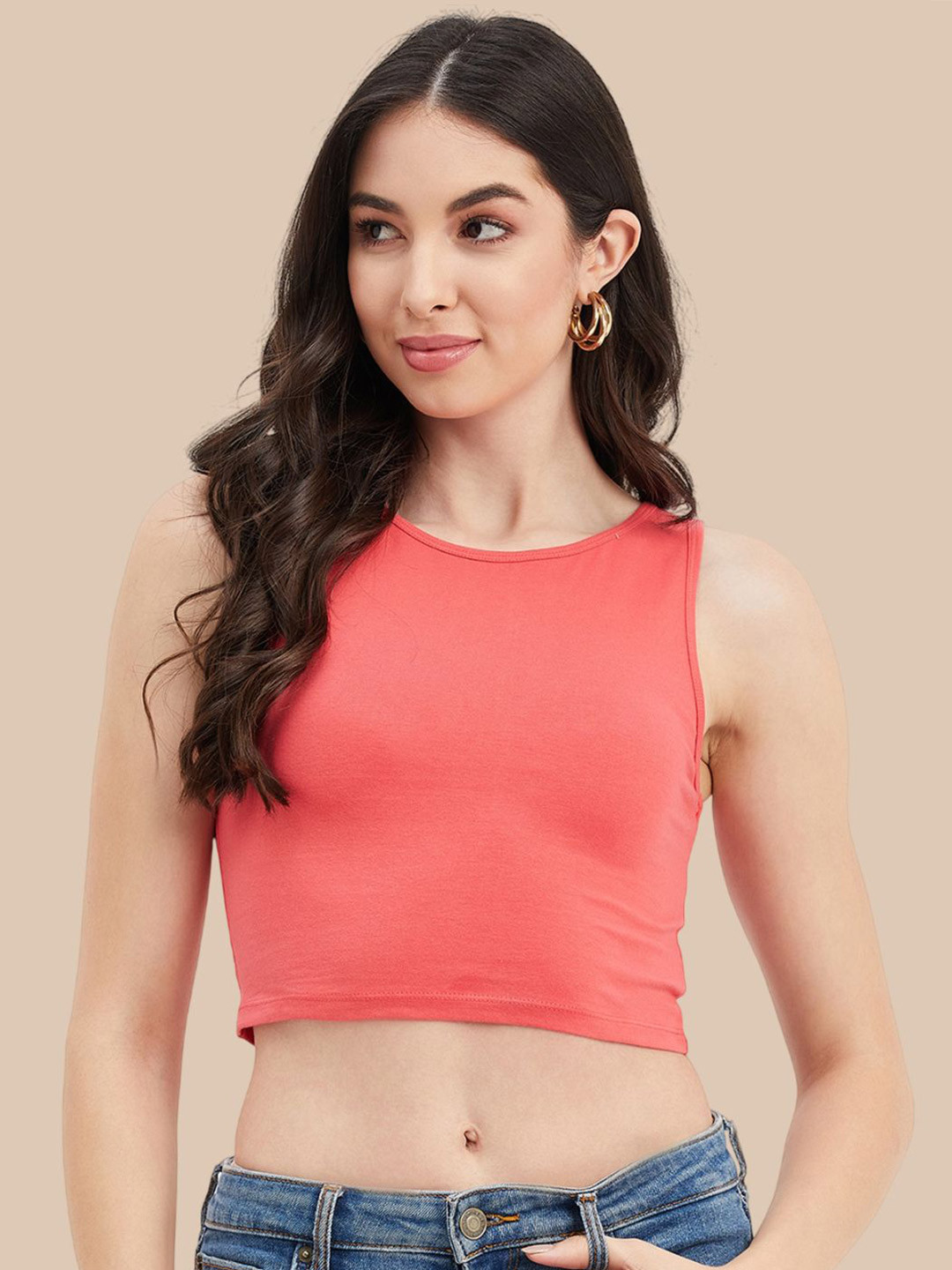 Hypernation Women Coral Cotton Fitted Crop Top