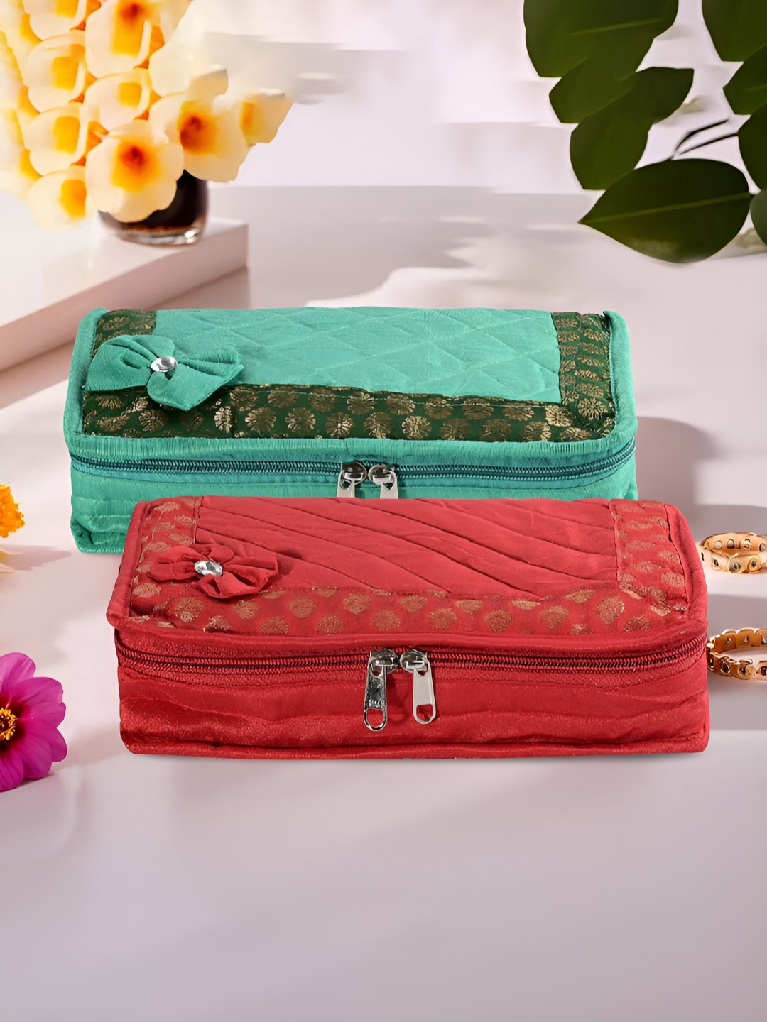 Aura Red and Green 2 Pieces Printed 7-Compartments Jewellery Organisers