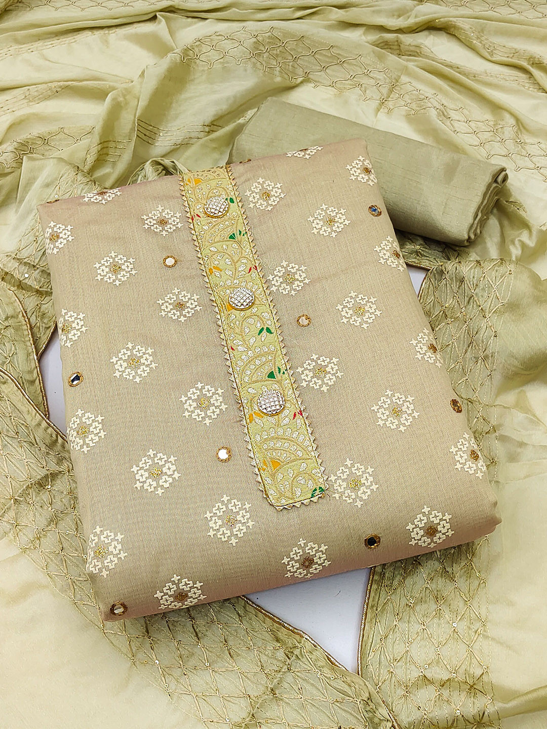 HERE&NOW Floral Embroidered Mirror Work Modal Chanderi Unstitched Dress Material