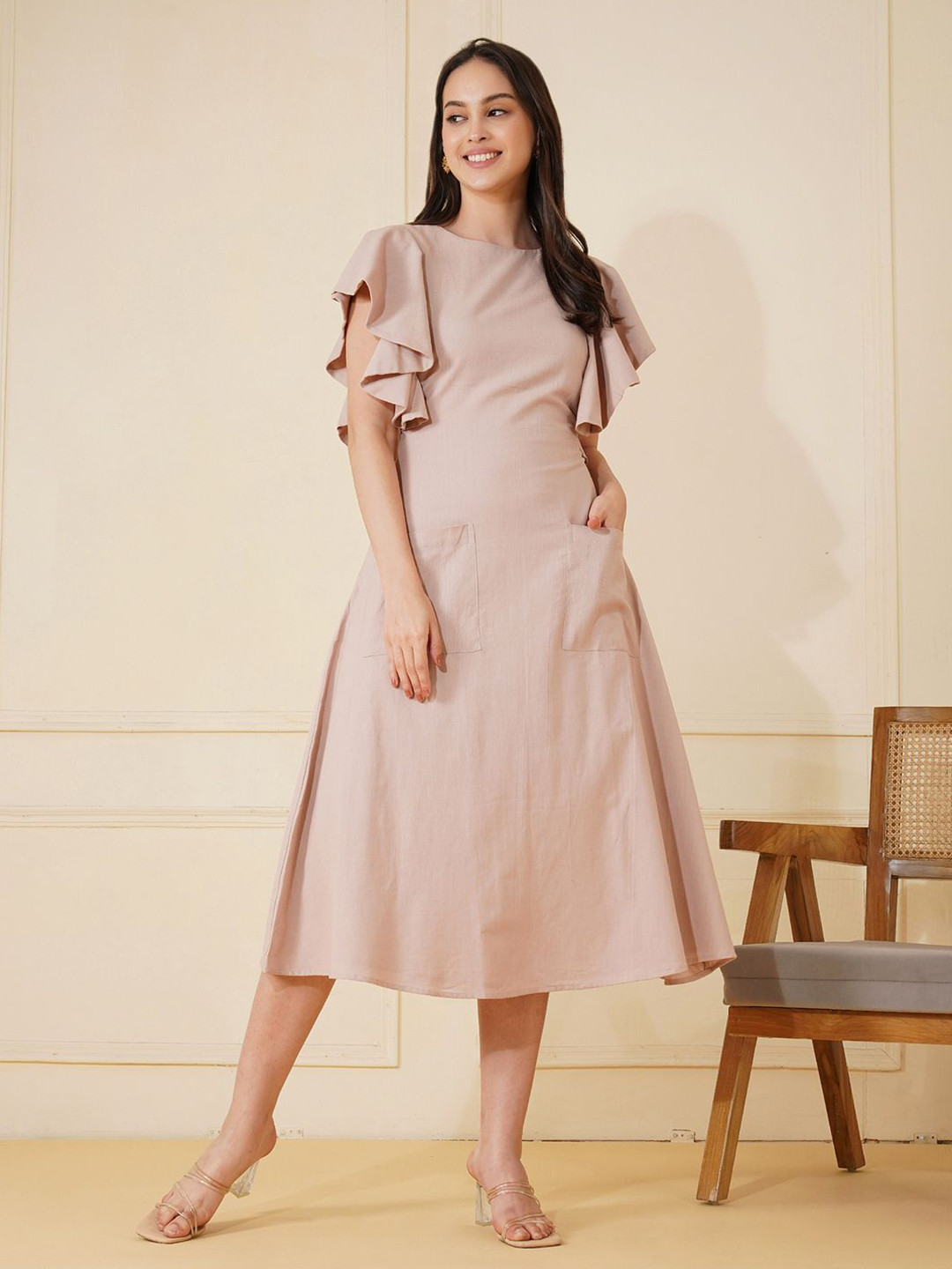 Stitchinc Women Flutter Sleeve A-Line Midi Dress