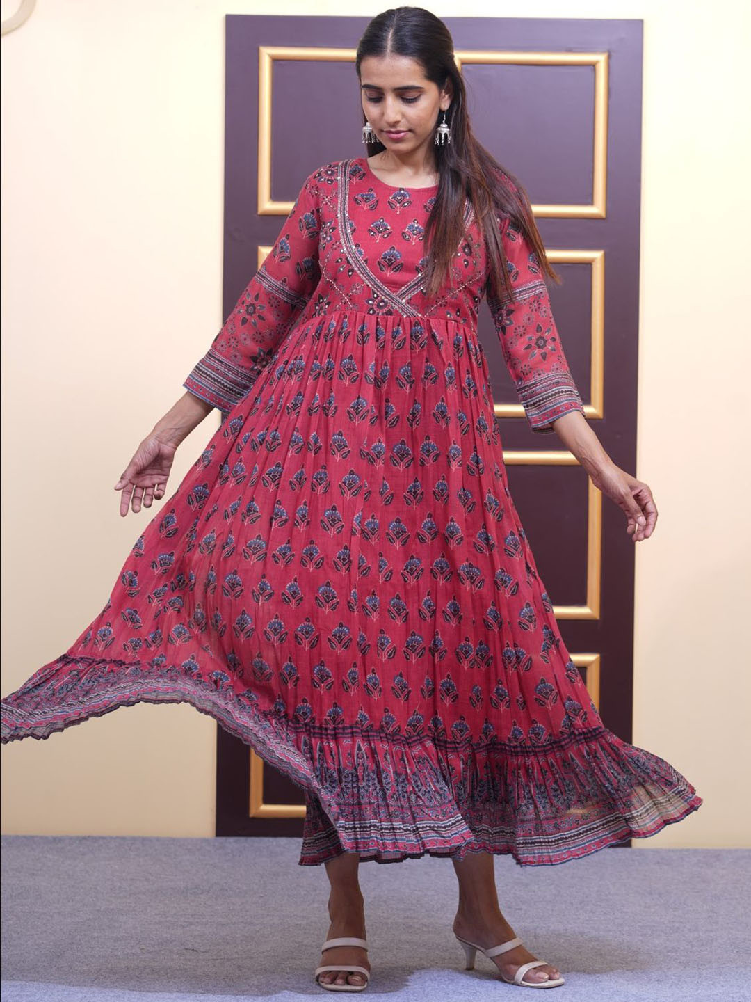 ADAA JAIPUR Women Printed Sequined Pure Cotton Fit and Flare Ethnic Dress