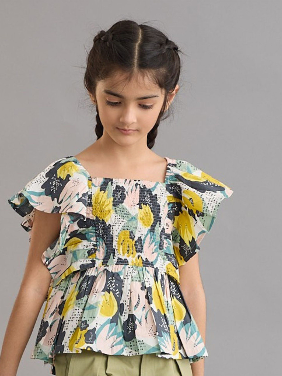 My Milestones Girls Tropical Print Flutter Sleeve Tropical Cotton Peplum Top