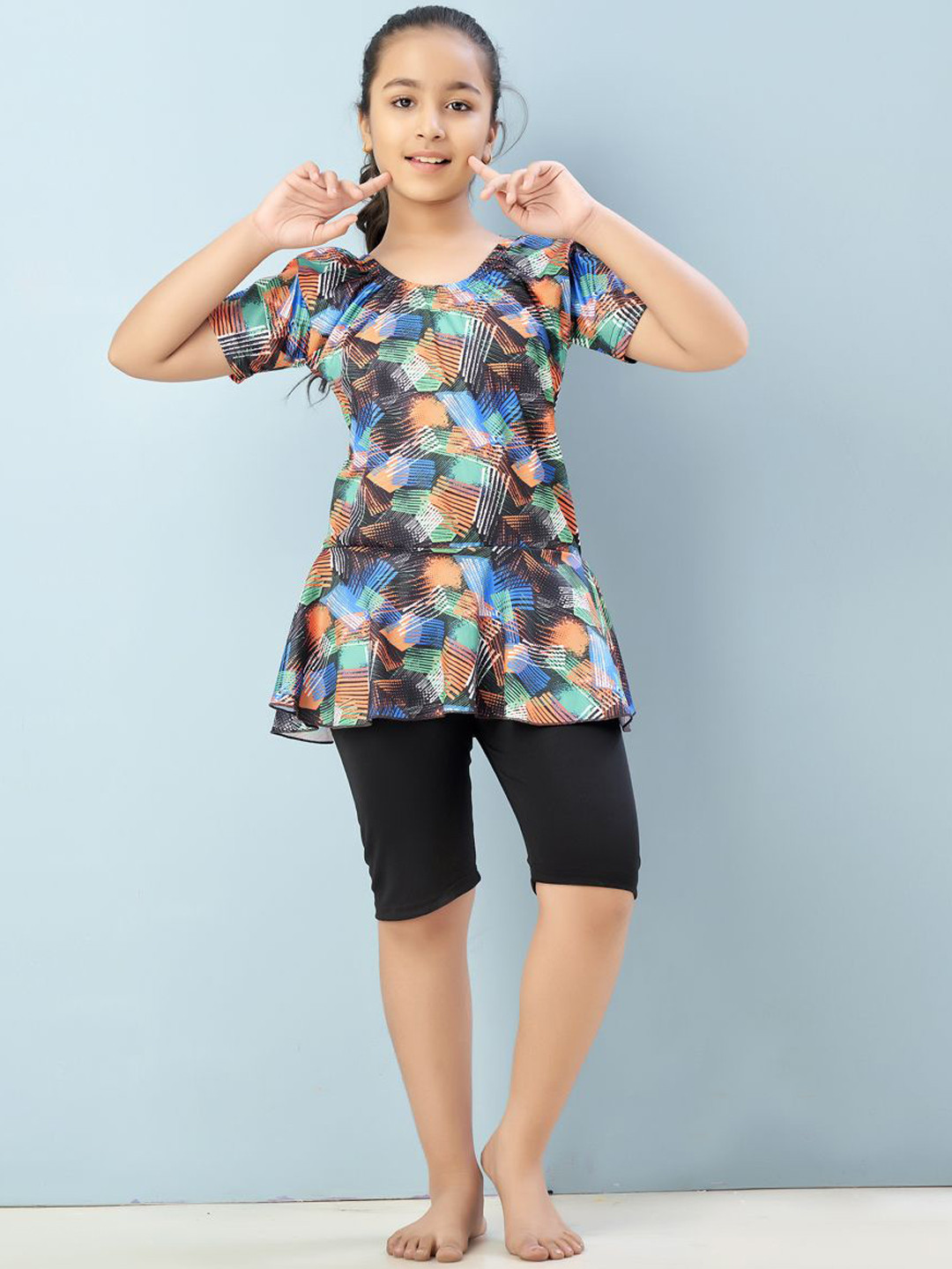 BAESD Girl Printed Round Neck Swim Suit With Attached Shorts