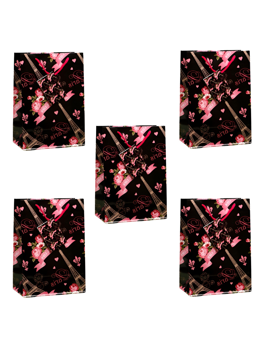 Archies Black & Pink Set Of 5 Printed Gifting Paper Bags