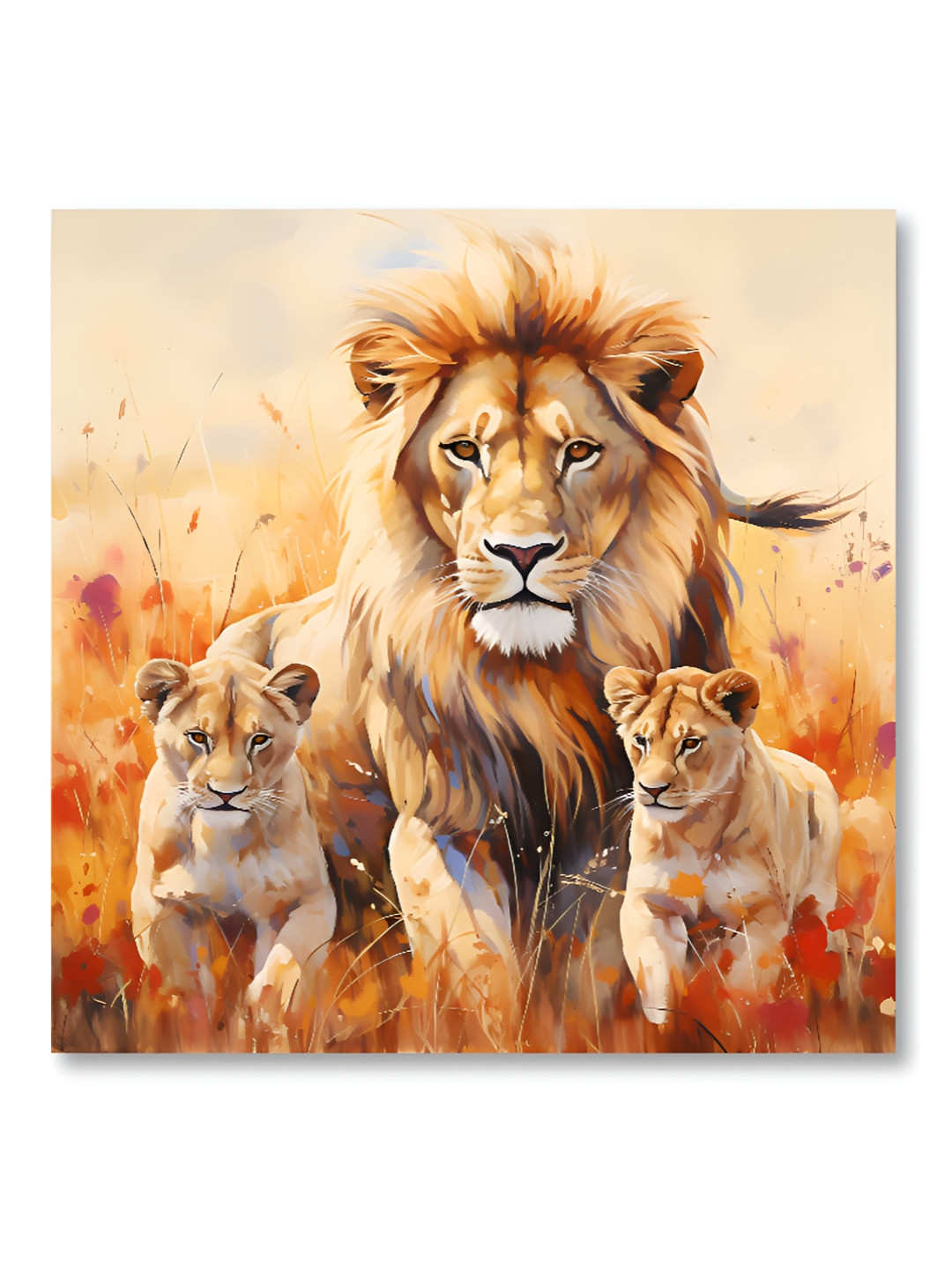 Aura Gold-Toned & White Lions Printed Canvas Wall Painting