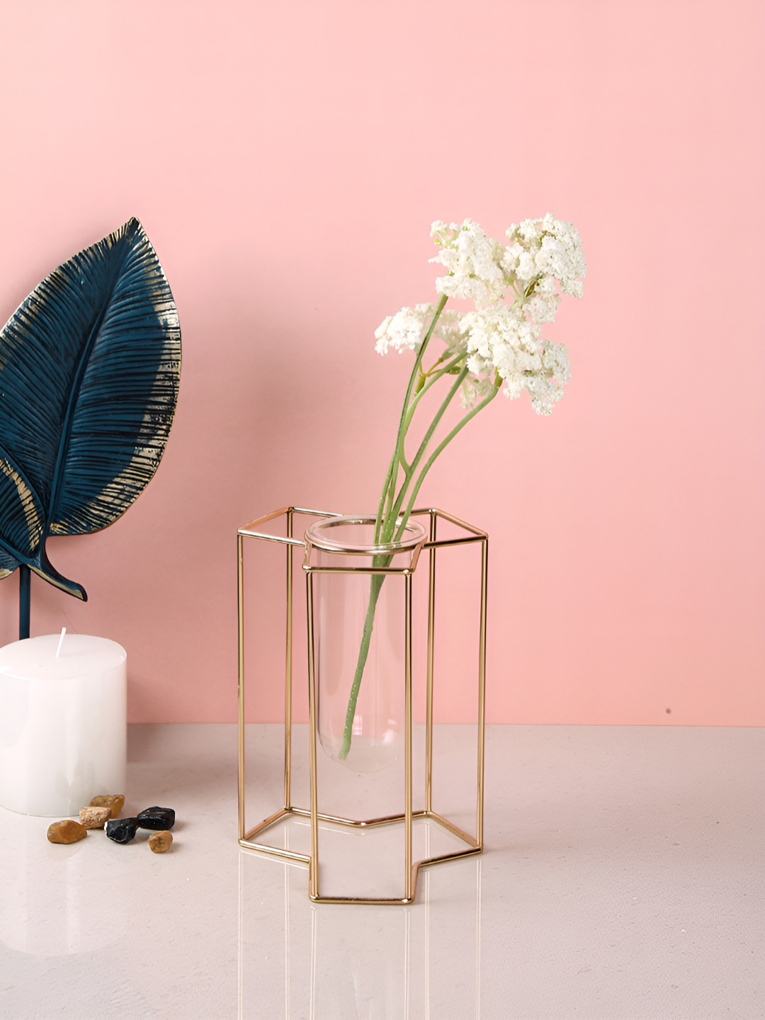 TAYHAA Transparent Metal & Glass Geometric Hexagon Flower Vase