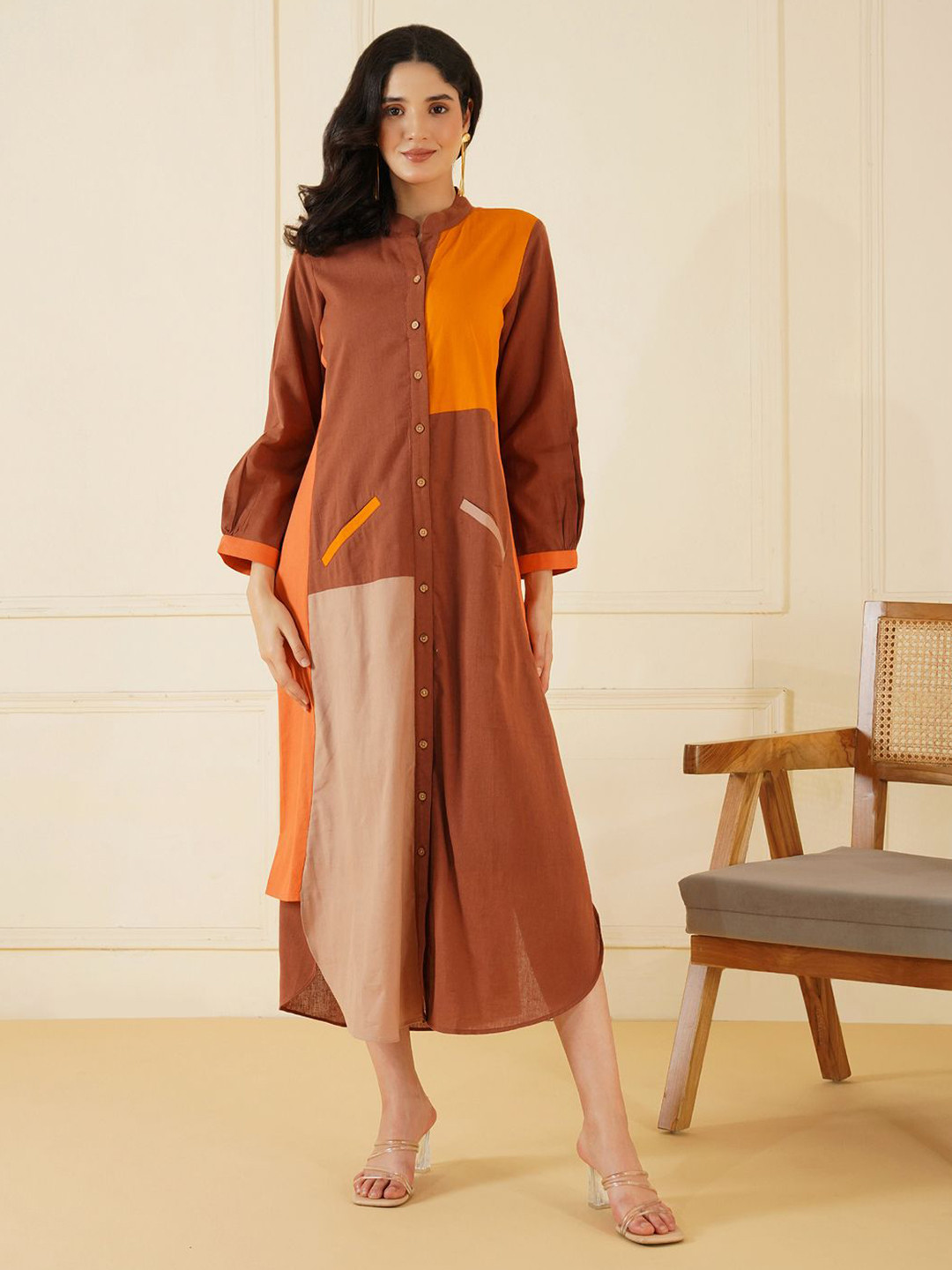 Stitchinc Women Colourblocked Midi Shirt Dress