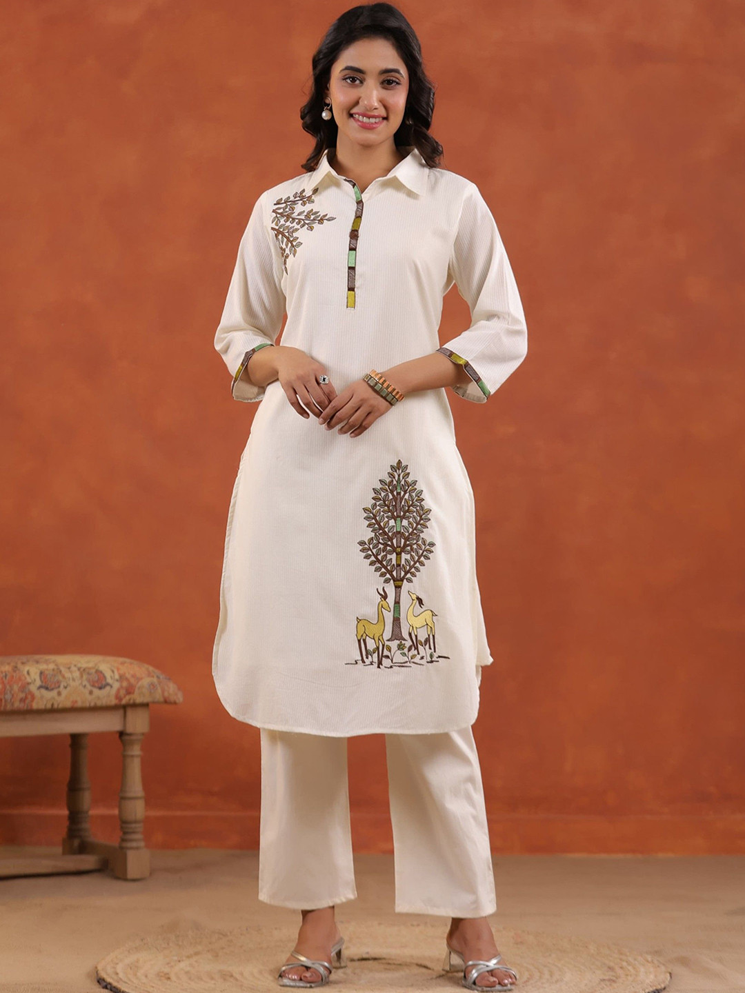 AUTUMN LANE Kara Vriksha Floral Embroidered Pure Cotton Straight Kurta with Palazzos