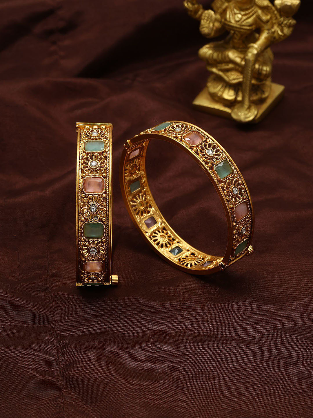 Exotic India Set Of 2 Gold-Plated Pink & Green Stone Studded Openable Bangles In Copper