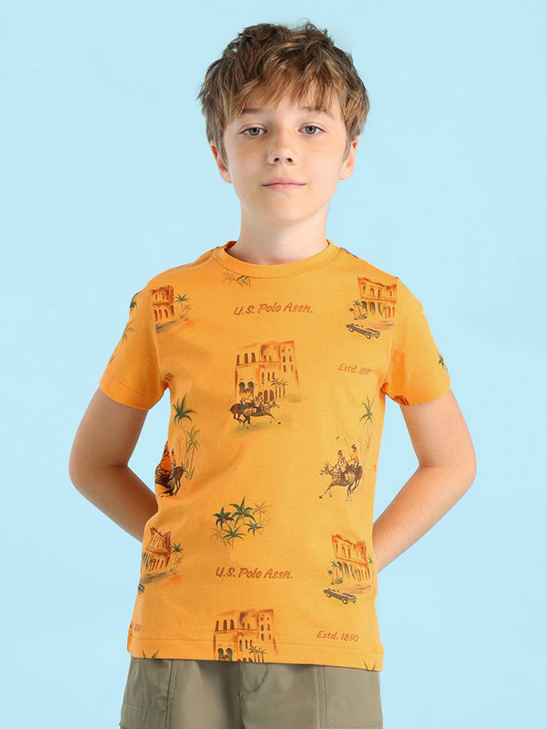 U.S. Polo Assn. Kids Boys Graphic Printed Round Neck Cotton Regular Fit T-shirt
