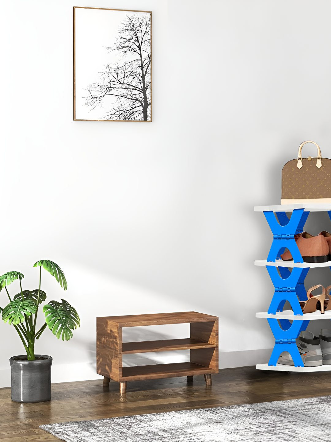Urban Choice Blue & White 4-Layer X Shaped Plastic Space-Saving Durable Foldable Shoe Rack