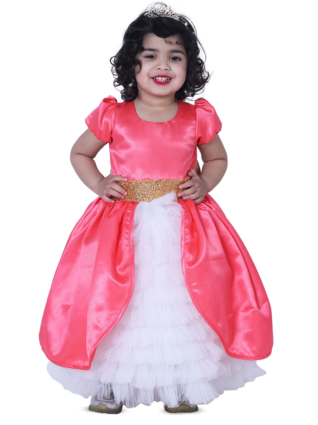 Wow Princess Girl Round Neck Puff Sleeves Net Fit and Flare Maxi Dress