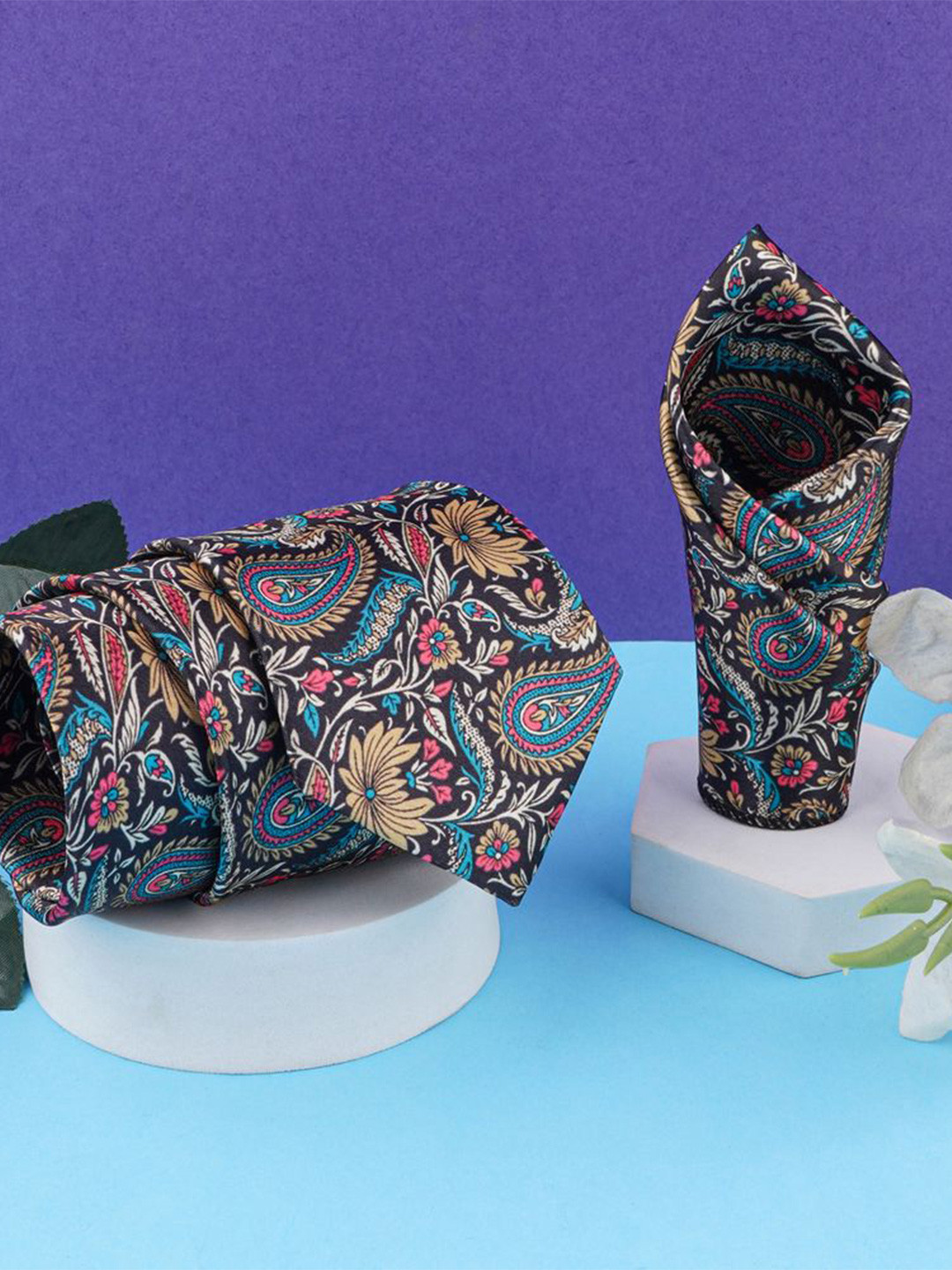 CALIXTO Men Paisley Printed Satin Neck-Tie & Pocket Square