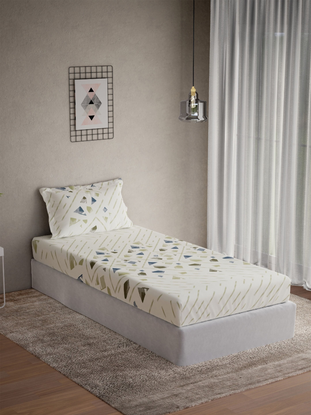 DDecor Vega Collection Green Abstract Cotton 144 TC Single Bedsheet with a Pillow Cover-60 x 88 inches