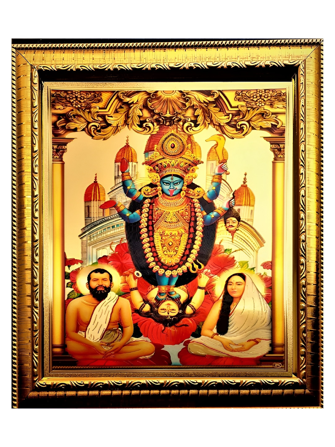 ADA Handicraft Gold-Toned & Red Maa Kali & Ramakrishna Paramahamsa Wooden Wall Photo Frame