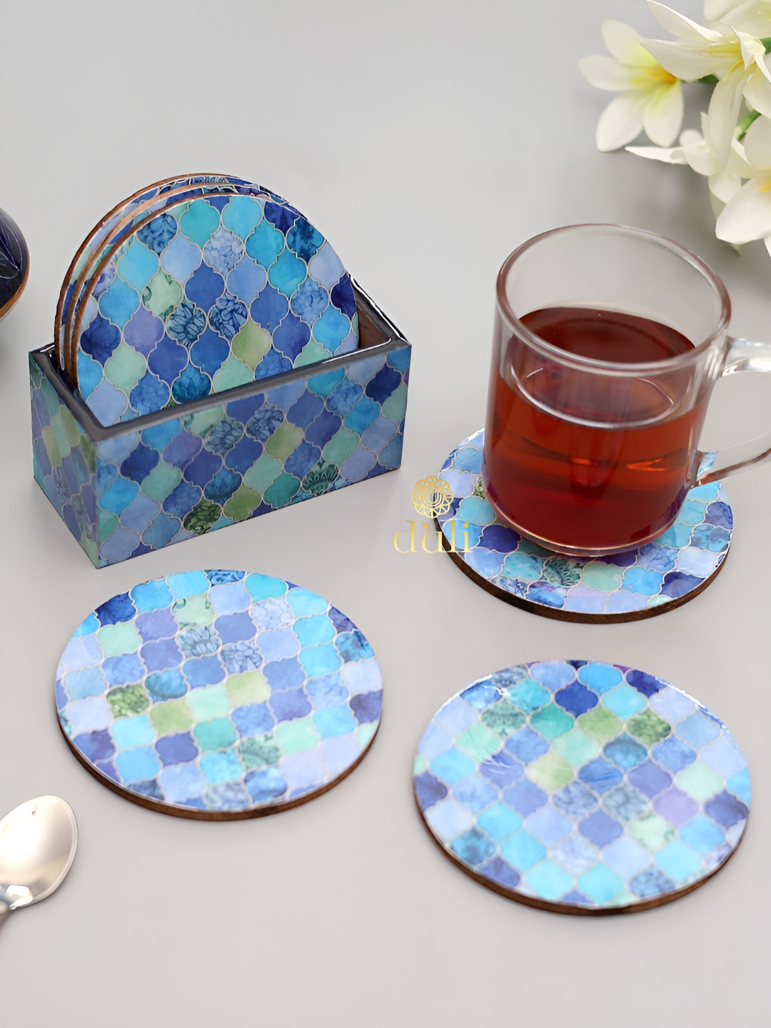 DULI 6Pcs Blue & Green Printed Wooden Round Coasters With Stand
