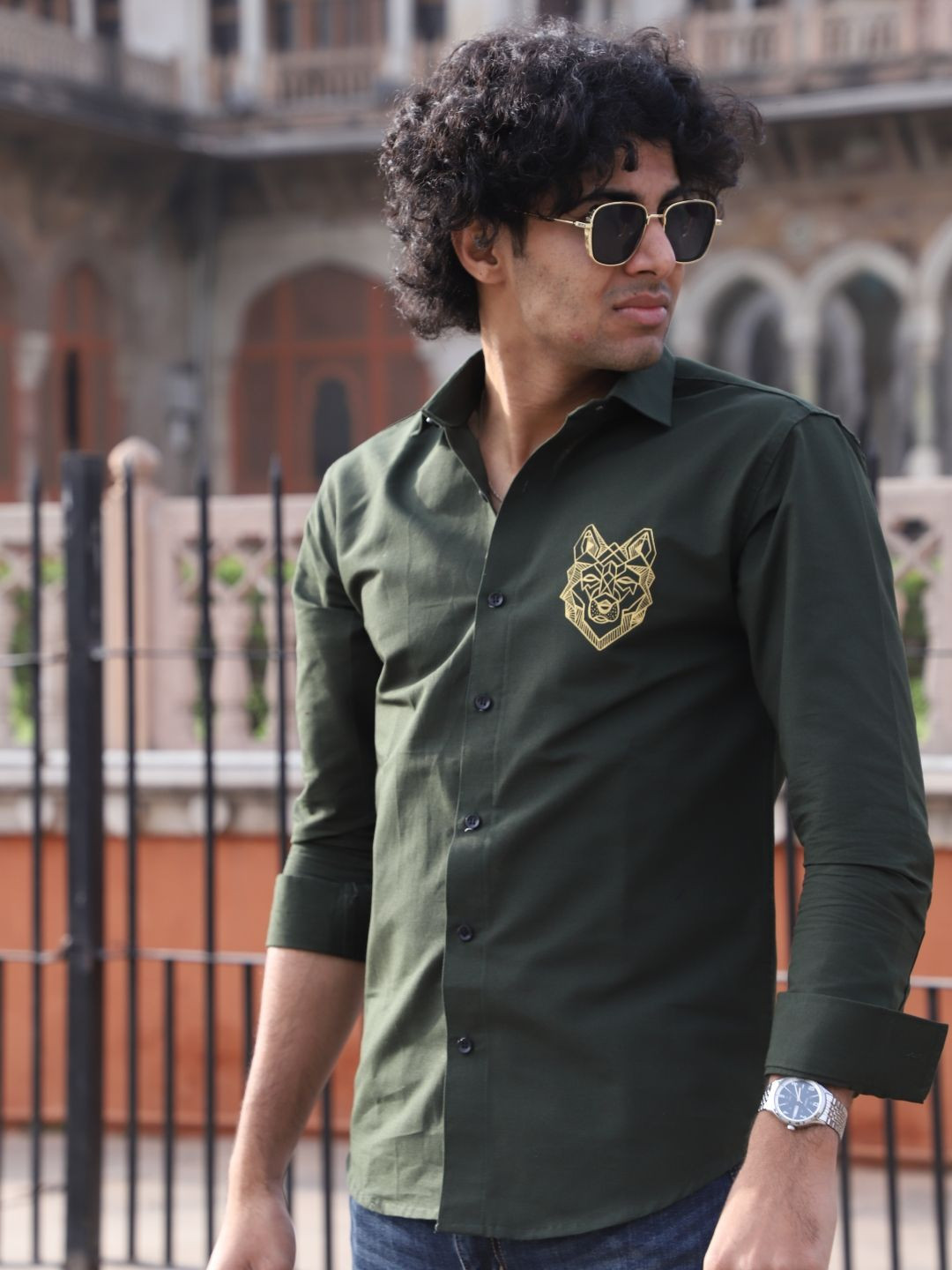 Who Wore Whhat Men Regular Fit Spread Collar Graphic Wolf Printed Cotton Casual Shirt