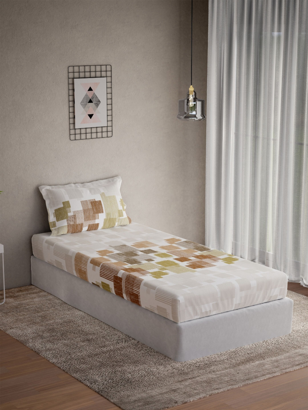 DDecor Live Beautiful White Geometric Cotton 144 TC Single Bedsheet with a Pillow Cover-59 x 87 inches