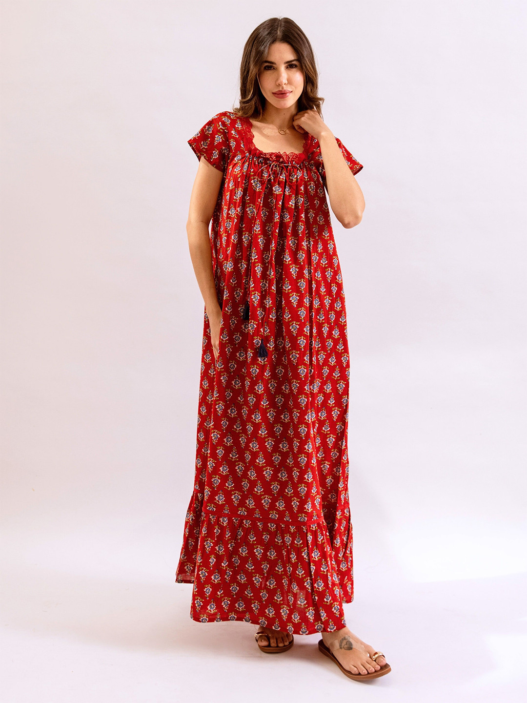 FEATHERS CLOSET Women Red Petal Play Tie-Up Pure Cotton Night Maxi