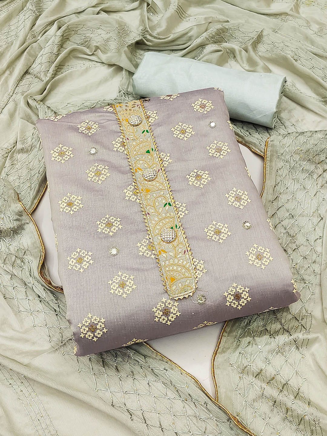 HERE&NOW Geometric Embellished Mirror Work Modal Chanderi Unstitched Dress Material