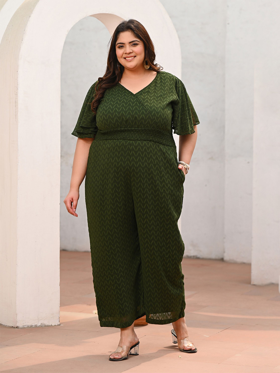PrettyPlus by Desinoor.com Plus Size Mehendi Smocked Detail Basic Jumpsuit