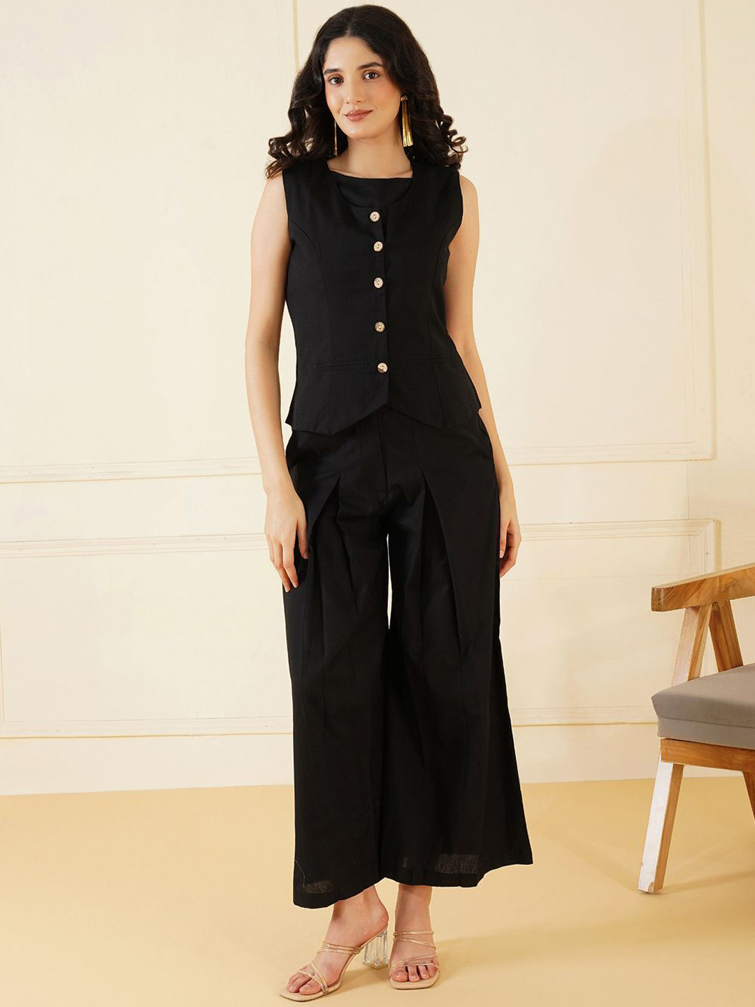 Stitchinc The Inversion Round Neck Cotton Linen Top & Flare Trousers With Waistcoat