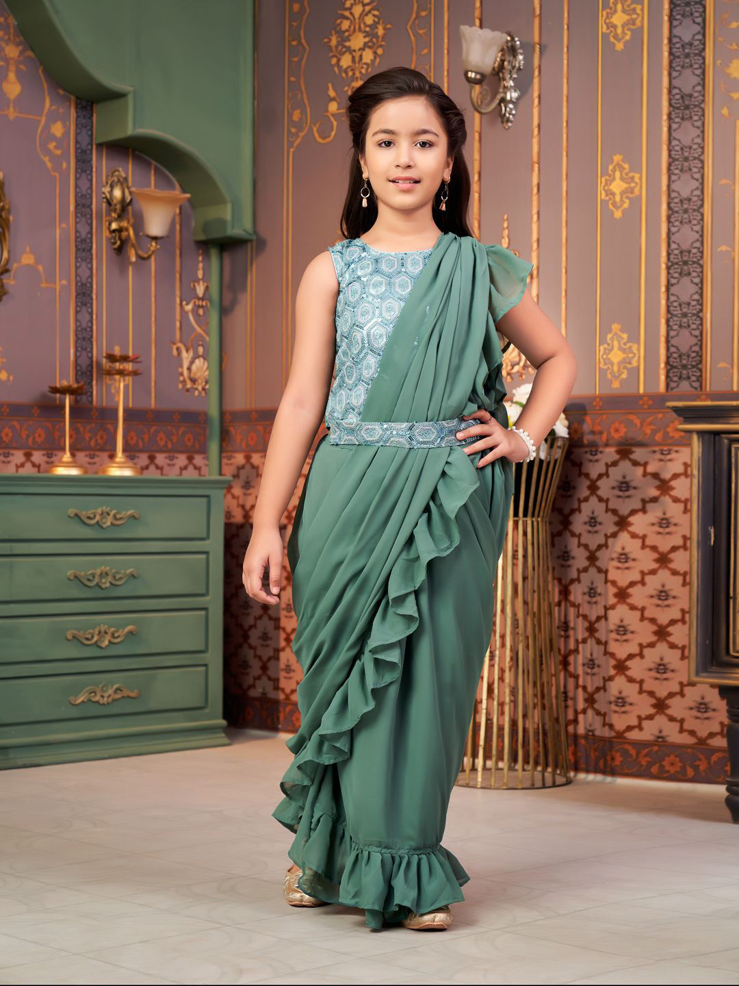 BAESD Girls Geometric Embroidered Sequinned Ready to Wear Blouse & Saree With Dupatta