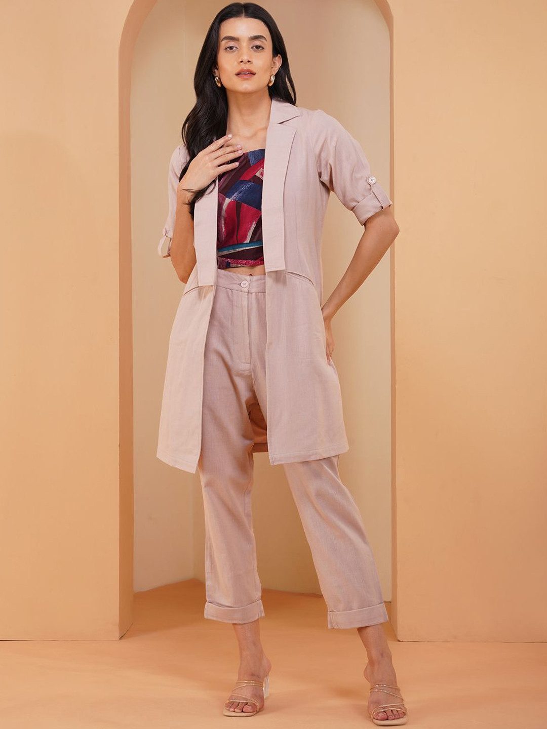 Stitchinc The Magician Abstract Printed Cotton Linen Tube Top With Trouser & Jacket