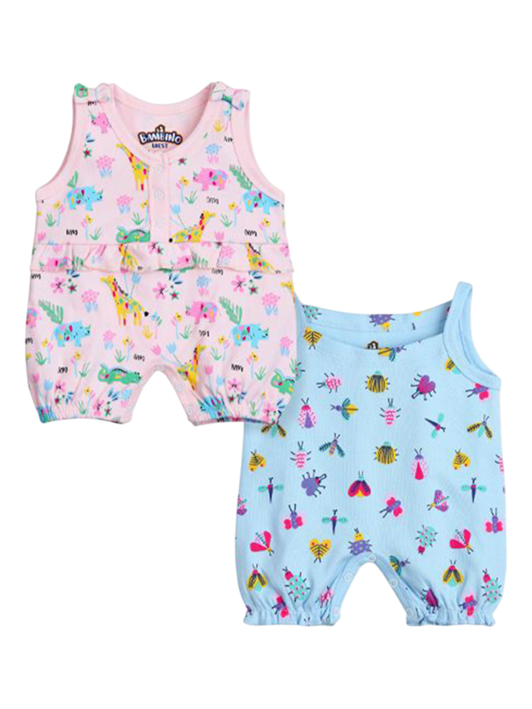 BONTOTS Infant Girls Pack of 2 Bugs and Jungle Printed Organic Cotton Rompers