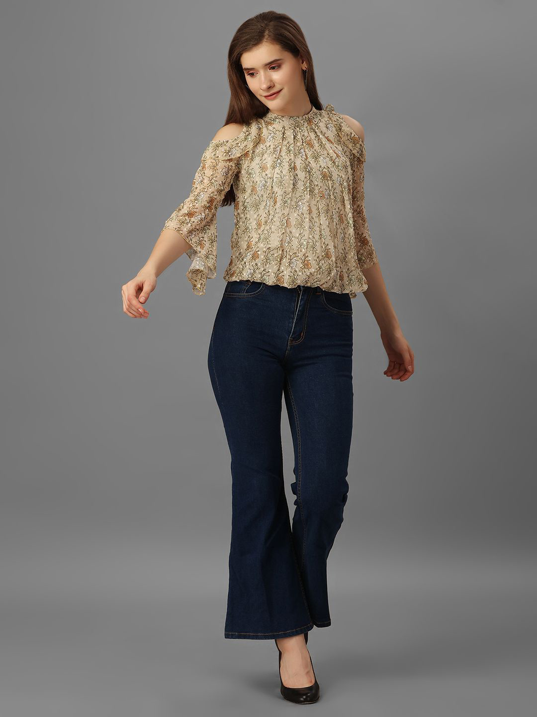 SXV STYLE Floral Bell Sleeve Georgette Boxy Top