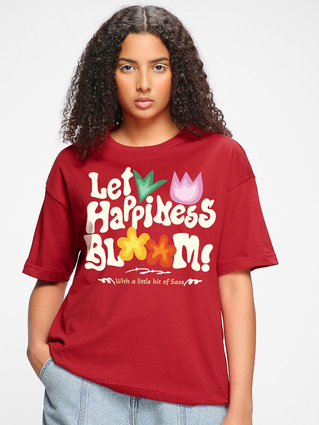 Bewakoof Women Red Let Happiness Bloom Graphic Printed Oversized T-shirt