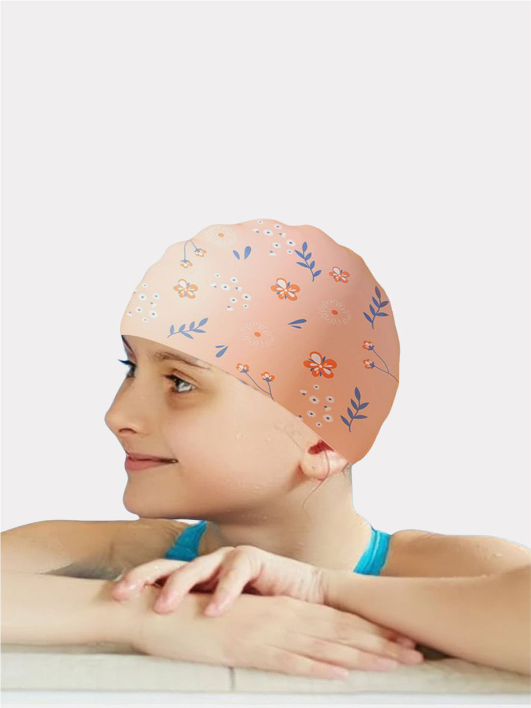Little Surprise Box LLP Peach Small Flower Print Swimming Cap for Kids