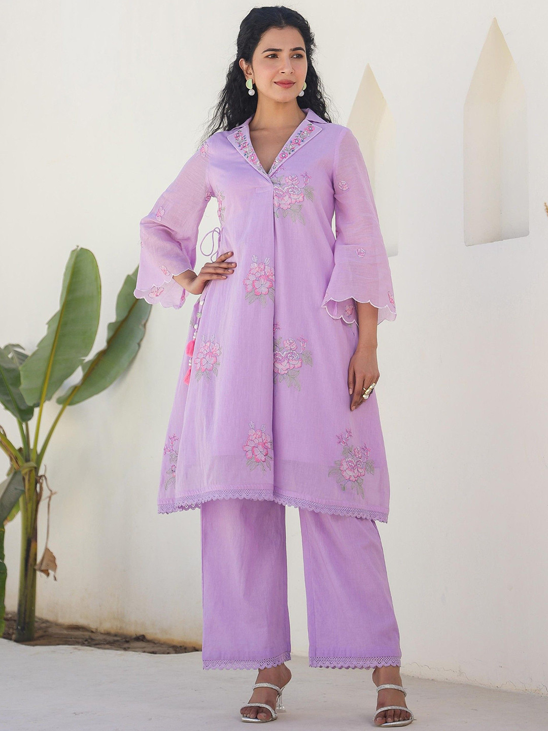 AUTUMN LANE Tridhara lilac Floral Embroidered Cotton Kurta with Palazzo