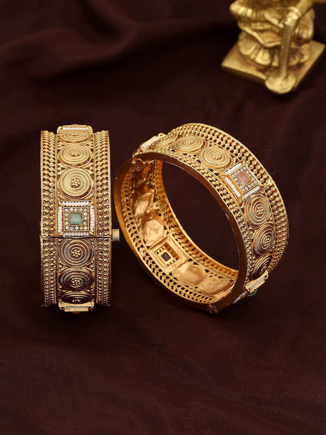 Exotic India Square Shaped Stone Studded And Beaded Copper Openable Pair Of Bangles