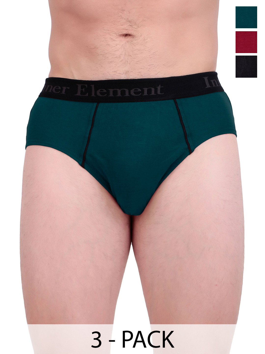 inner element Men Pack Of 3 Pure Cotton Basic Briefs MEN_BRIEF_PK3_Maroon_Teal_Black_S
