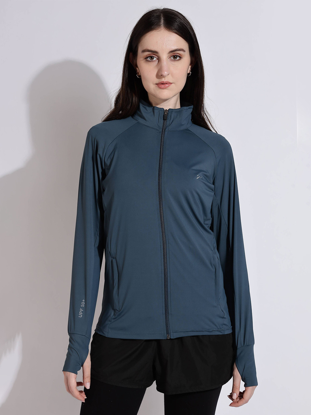BLUE TYGA Women Mock Collar Solid Sports Lightweight Sporty Jacket