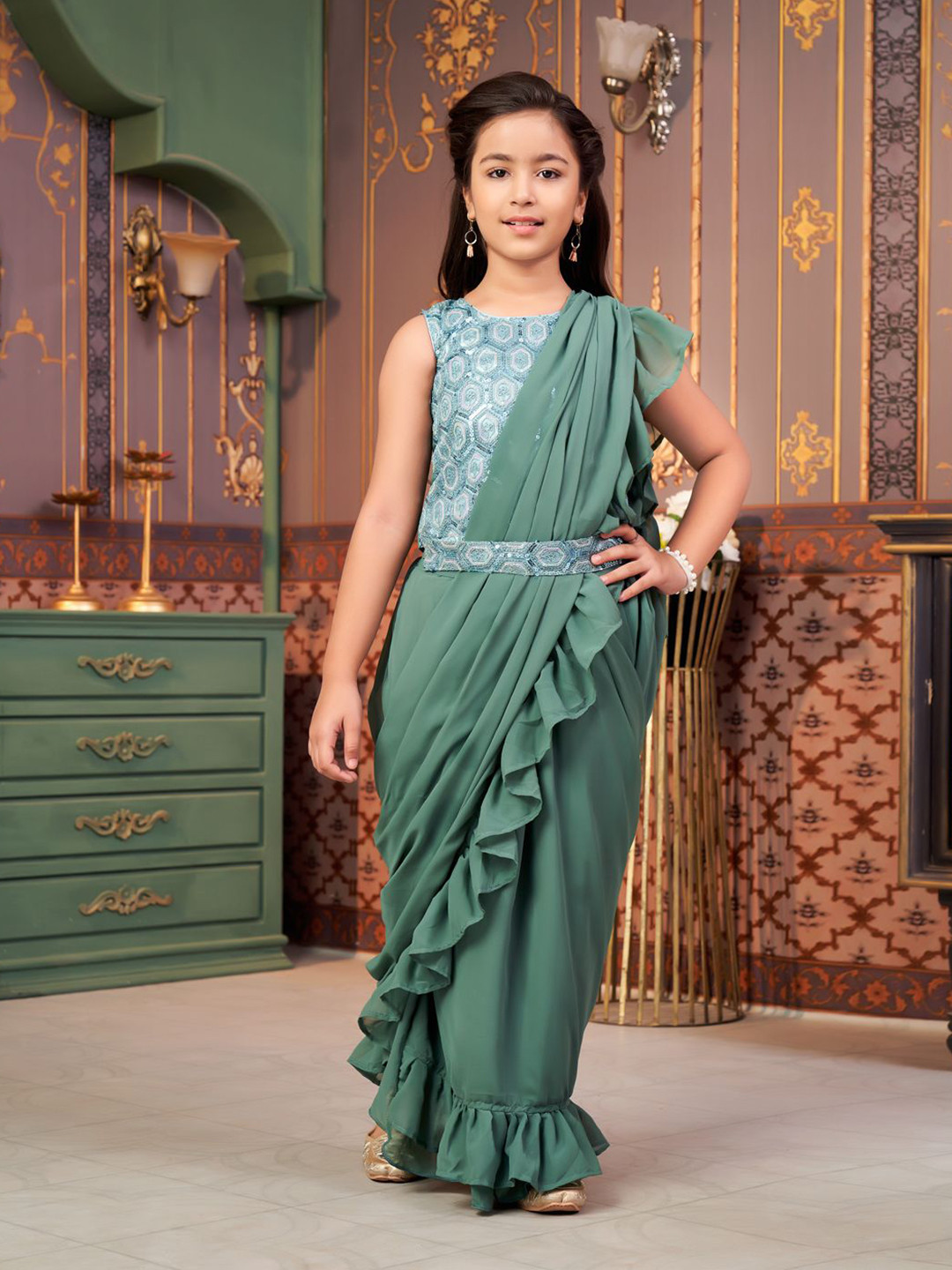 BAESD Girls Embroidered Ready to Wear Draped Saree With Blouse