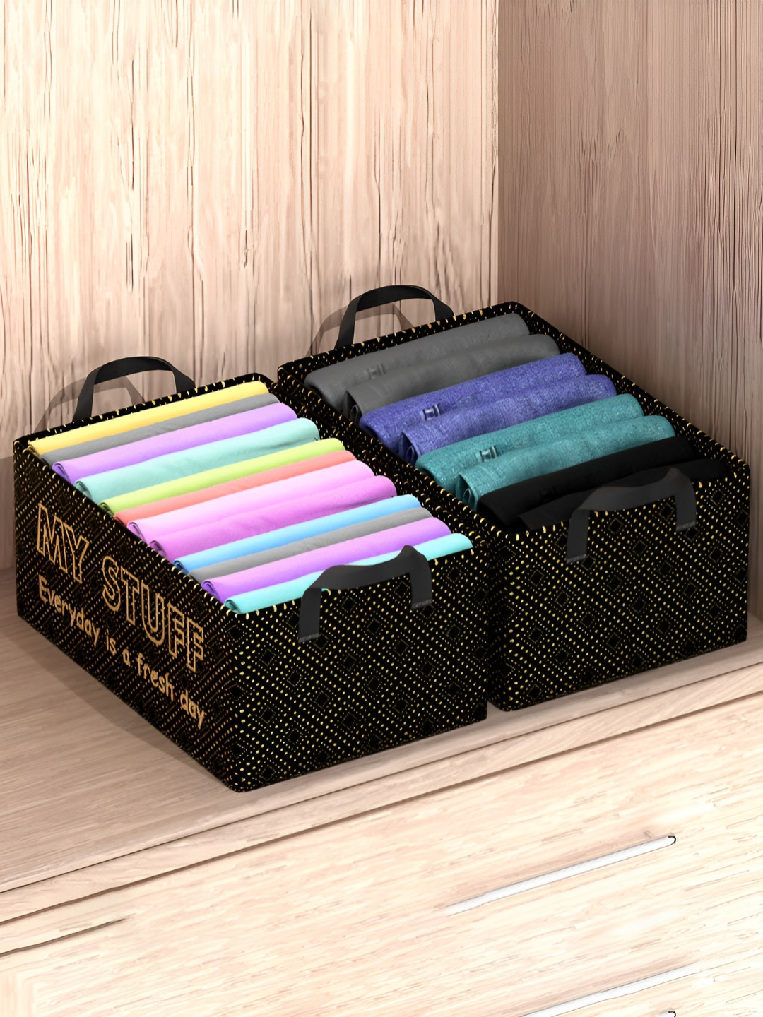 Aura Black and Yellow 2 Pieces Checked Collapsible Foldable Multi-Utility Organisers