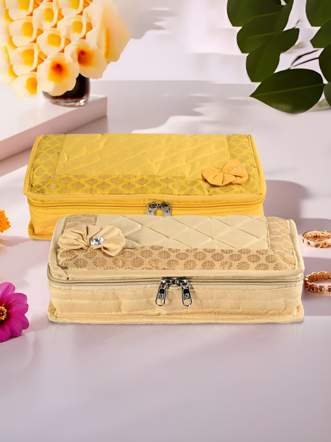 Aura Gold-Toned and Yellow 2 Pieces Printed 7-Compartments Jewellery Organisers