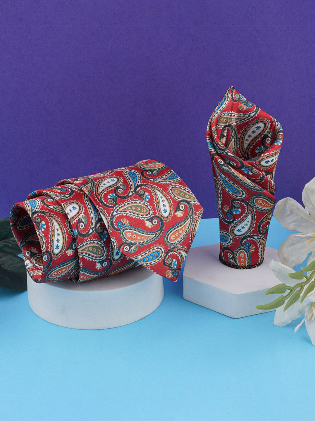 CALIXTO Men Paisley Printed Satin Necktie with Matching Pocket Square Gift Set