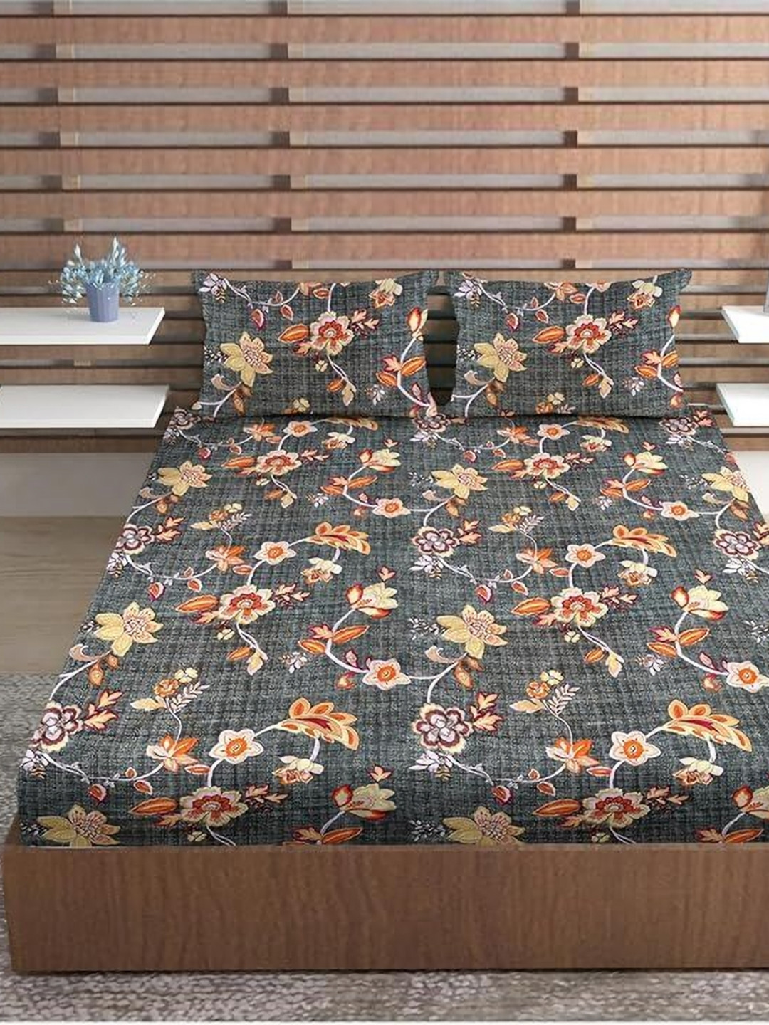 METRO LIVING Grey Floral Microfiber 130 TC Queen Bedsheet with 2 Pillow Covers-93 x 83 inches