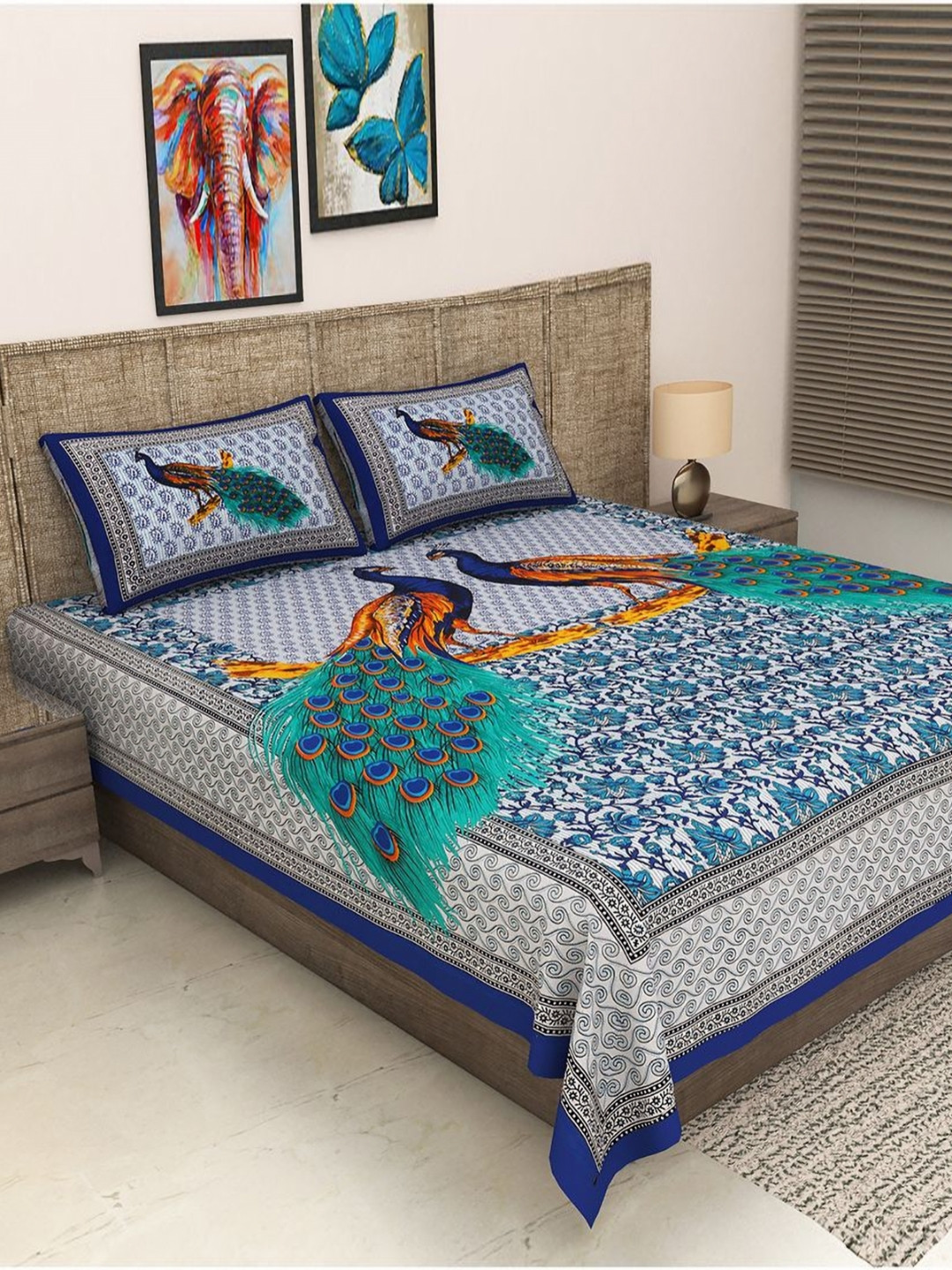 METRO LIVING Blue Ethnic Motifs Cotton 104 TC Queen Bedsheet with 2 Pillow Covers-235 x 210 cm
